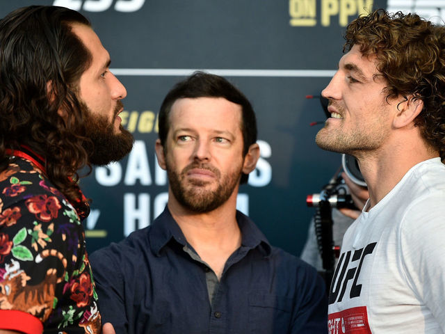 LAS VEGAS, NEVADA - JULY 04: (L-R) Jorge Masvidal and Ben Askren face off during the UFC 239 Ultimate Media Day at T-Mobile Arena on July 4, 2019 in Las Vegas, Nevada.