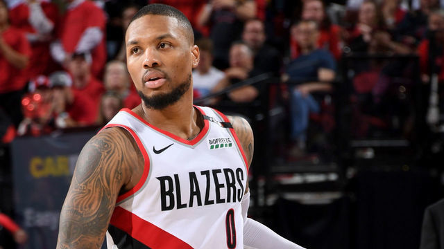 PORTLAND, OR - MAY 20: Damian Lillard #0 of the Portland Trail Blazers handles the ball against the Golden State Warriors during Game Four of the Western Conference Finals on May 20, 2019 at the Moda Center in Portland, Oregon. NOTE TO USER: User expressly acknowledges and agrees that, by downloading and/or using this photograph, user is consenting to the terms and conditions of the Getty Images License Agreement. Mandatory Copyright Notice: Copyright 2019 NBAE