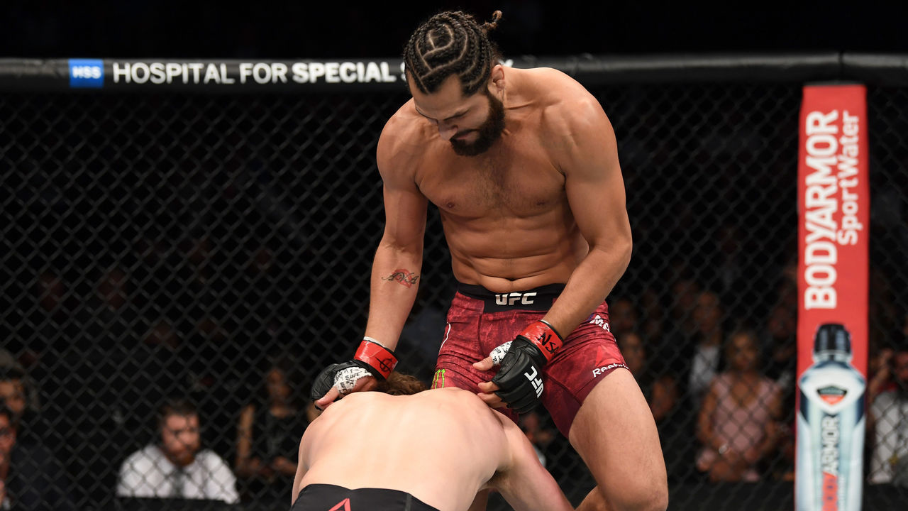 LAS VEGAS, NV - JULY 06: Jorge Masvidal knees Ben Askren in their welterweight fight during the UFC 239 event at T-Mobile Arena on July 6, 2019 in Las Vegas, Nevada.