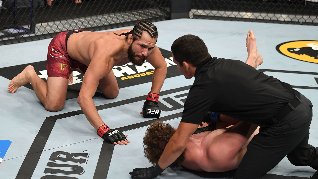 LAS VEGAS, NV - JULY 06: Jorge Masvidal talks to Ben Askren in their welterweight fight during the UFC 239 event at T-Mobile Arena on July 6, 2019 in Las Vegas, Nevada.