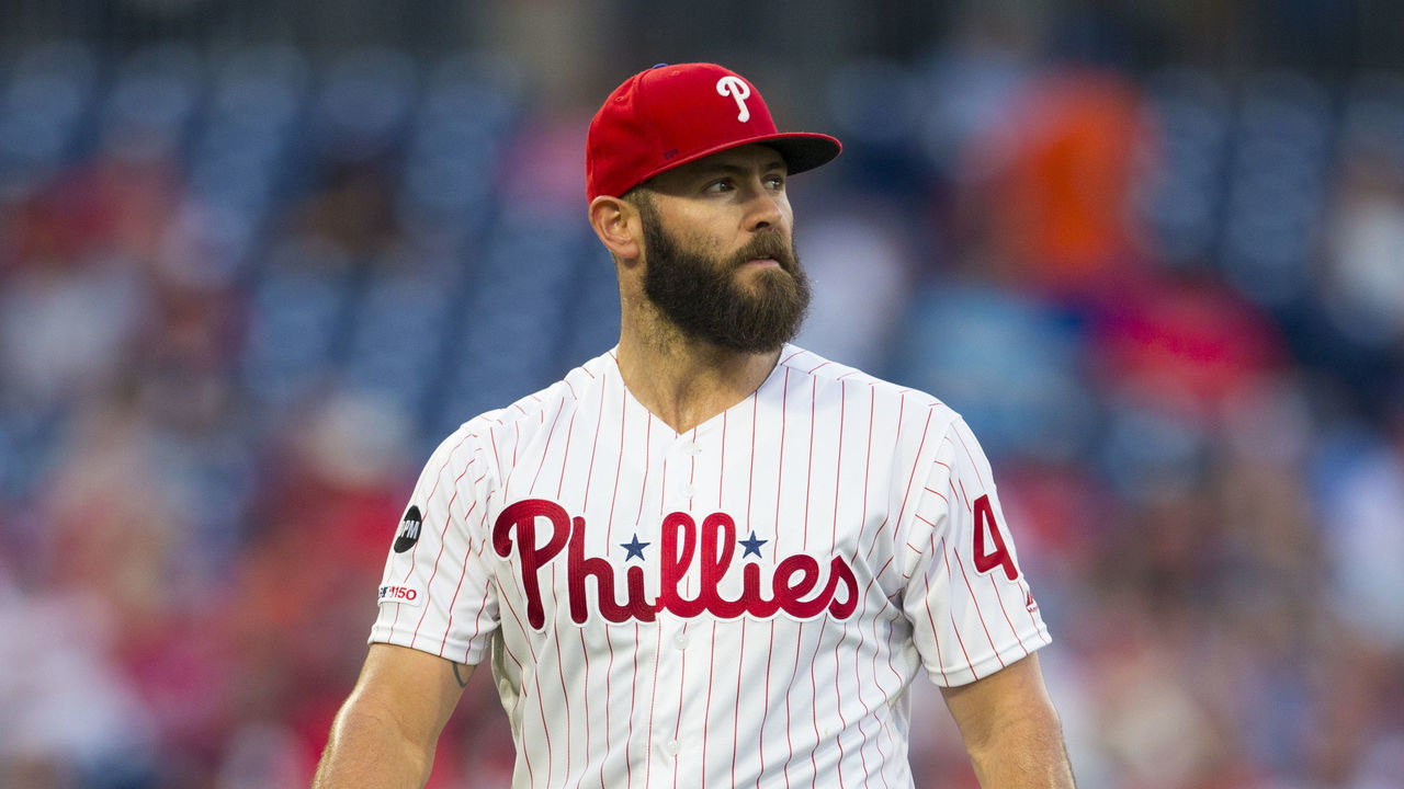 PHILADELPHIA, PA - JUNE 25: Jake Arrieta #49 of the Philadelphia Phillies walks to the dugout against the New York Mets at Citizens Bank Park on June 25, 2019 in Philadelphia, Pennsylvania.