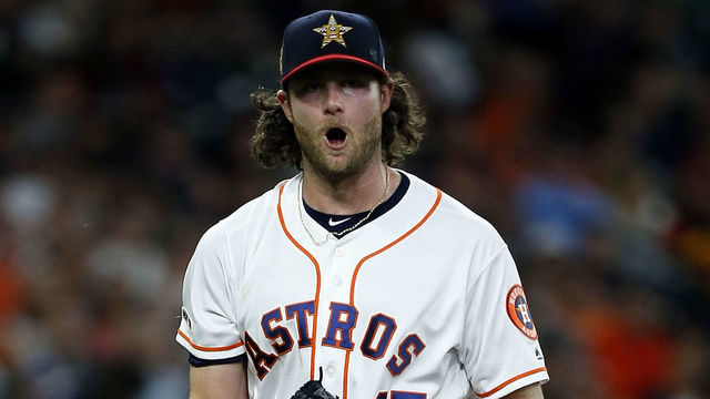 HOUSTON, TEXAS - JULY 06: Gerrit Cole #45 of the Houston Astros reacts after striking out Kole Calhoun #56 of the Los Angeles Angels of Anaheim to end the sixth inning at Minute Maid Park on July 06, 2019 in Houston, Texas.