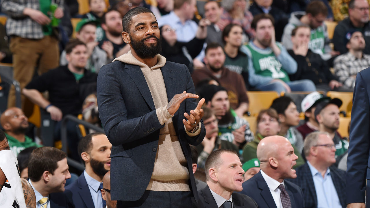 BOSTON, MA - JANUARY 28: Kyrie Irving #11 of the Boston Celtics smiles against the Brooklyn Nets on January 28, 2019 at the TD Garden in Boston, Massachusetts. Mandatory Copyright Notice: Copyright 2019 NBAE