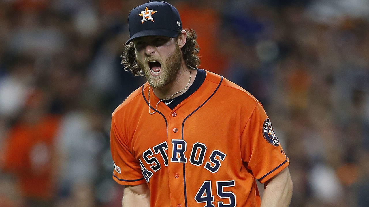 HOUSTON, TEXAS - JUNE 07: Gerrit Cole #45 of the Houston Astros reacts after striking out Richie Martin #1 of the Baltimore Orioles for his 14th strikeout in the seventh inning at Minute Maid Park on June 07, 2019 in Houston, Texas.