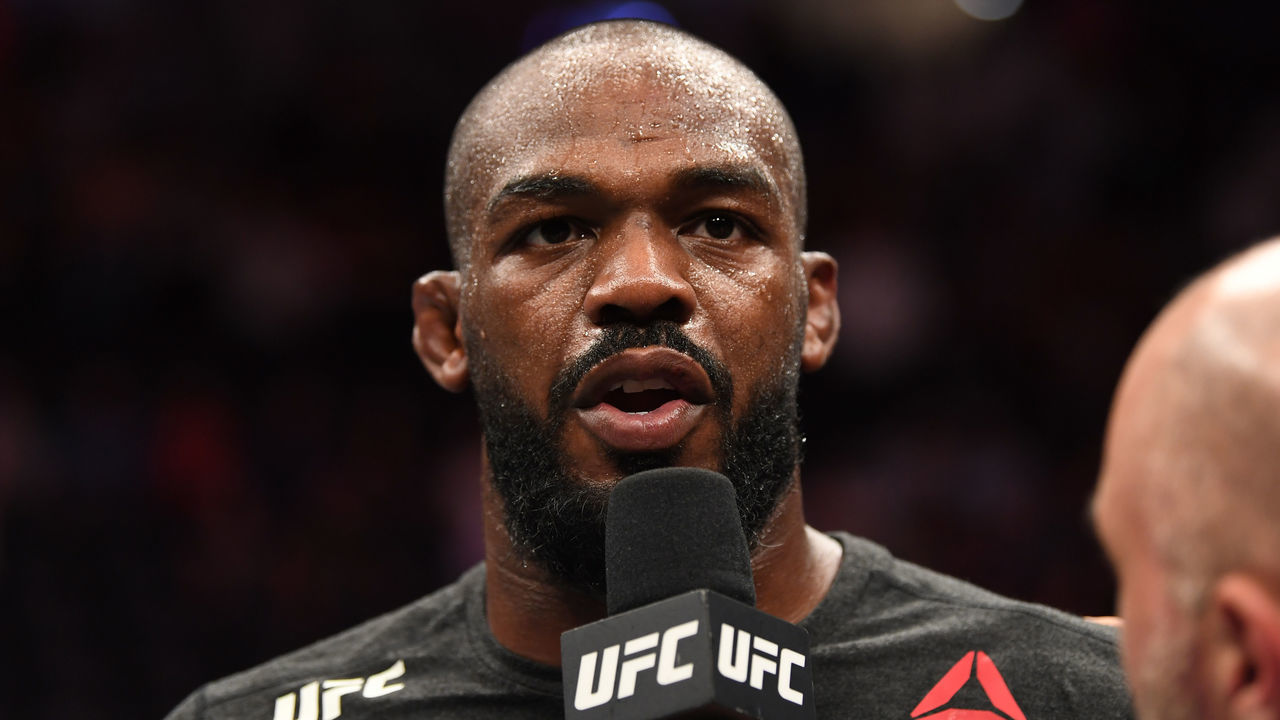 LAS VEGAS, NV - JULY 06: Jon Jones is interviewed after his win over Thiago Santos of Brazil in their UFC light heavyweight championship fight during the UFC 239 event at T-Mobile Arena on July 6, 2019 in Las Vegas, Nevada.