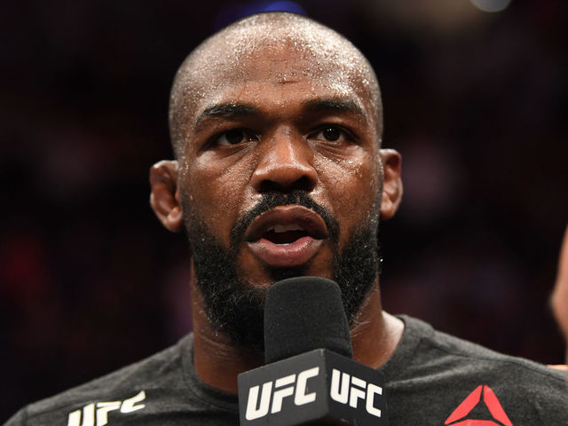 LAS VEGAS, NV - JULY 06: Jon Jones is interviewed after his win over Thiago Santos of Brazil in their UFC light heavyweight championship fight during the UFC 239 event at T-Mobile Arena on July 6, 2019 in Las Vegas, Nevada.