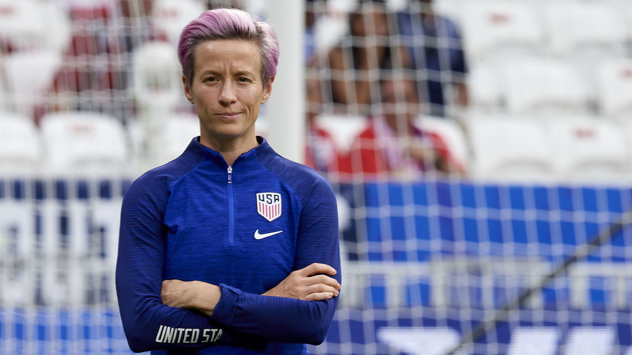 Megan Rapinoe (Reign FC) of United States during the warm-up before the 2019 FIFA Women's World Cup France Semi Final match between England and USA at Stade de Lyon on July 2, 2019 in Lyon, France.