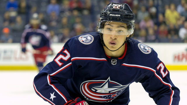 COLUMBUS, OH - SEPTEMBER 17: Sonny Milano (22) of the Columbus Blue Jackets skates the ice in the second period of a game between the Columbus Blue Jackets and the Buffalo Sabres on September 17, 2018 at Nationwide Arena in Columbus, OH.