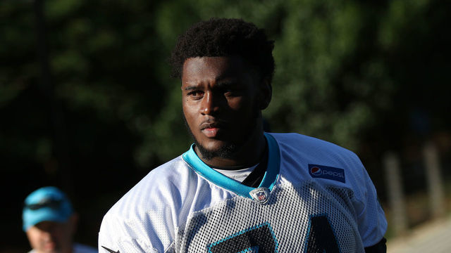 CHARLOTTE, NC - JUNE 04: Kendrick Norton (74) walks to the field during the Carolina Panthers OTA (Organized Training Activities) at the Carolina Panthers Training Facility on June 04, 2018 in Charlotte, NC.