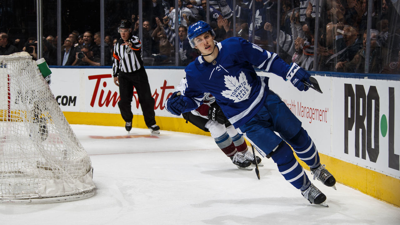 TORONTO, ON - JANUARY 14: Mitch Marner #16 of the Toronto Maple Leafs celebrates his goal against the Colorado Avalanche during the third period at the Scotiabank Arena on January 14, 2019 in Toronto, Ontario, Canada.