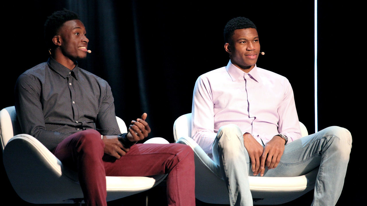 Giannis and Thanasis Antetokounmpo at the Onassis Cultural Centre in Athens, Greece, June 24, 2017. The two brothers discussed about the difficulties they encountered during their early beginning, the many obstacles, their achievements, and the opportunities they had. Giannis Antetokounmpo (R) is a Greek professional basketball player for the Milwaukee Bucks of the National Basketball Association (NBA) and Thanasis Antetokounmpo (L) is a Greek professional basketball player for MoraBanc Andorra of the Lisa ACB