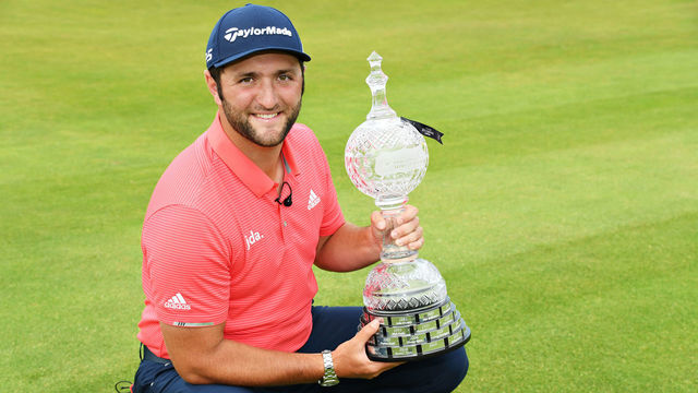 LAHINCH, IRELAND - JULY 07: Winner Jon Rahm of Spain poses for a photo with his trophy during Day Four of the Dubai Duty Free Irish Open at Lahinch Golf Club on July 07, 2019 in Lahinch, Ireland.