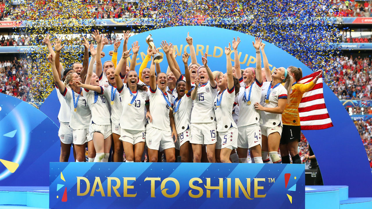 LYON, FRANCE - JULY 07: Carli Lloyd of the USA lifts the FIFA Women's World Cup Trophy following her team's victory in the 2019 FIFA Women's World Cup France Final match between The United States of America and The Netherlands at Stade de Lyon on July 07, 2019 in Lyon, France.