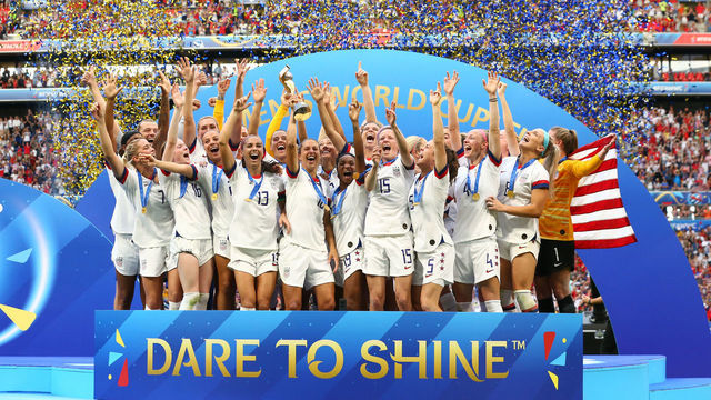 LYON, FRANCE - JULY 07: Carli Lloyd of the USA lifts the FIFA Women's World Cup Trophy following her team's victory in the 2019 FIFA Women's World Cup France Final match between The United States of America and The Netherlands at Stade de Lyon on July 07, 2019 in Lyon, France.