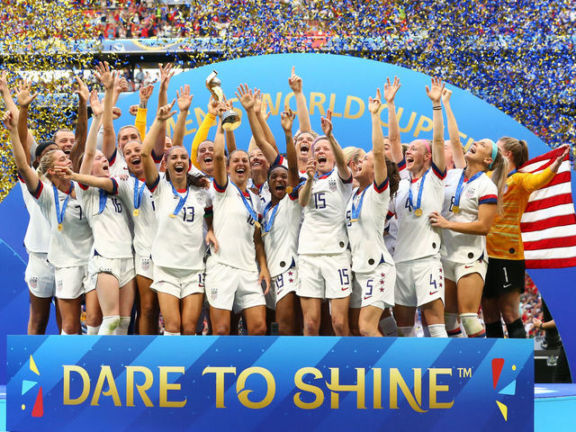 LYON, FRANCE - JULY 07: Carli Lloyd of the USA lifts the FIFA Women's World Cup Trophy following her team's victory in the 2019 FIFA Women's World Cup France Final match between The United States of America and The Netherlands at Stade de Lyon on July 07, 2019 in Lyon, France.