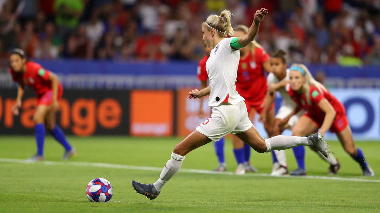 LYON, FRANCE - JULY 02: Steph Houghton of England takes a penalty which she misses during the 2019 FIFA Women's World Cup France Semi Final match between England and USA at Stade de Lyon on July 02, 2019 in Lyon, France.