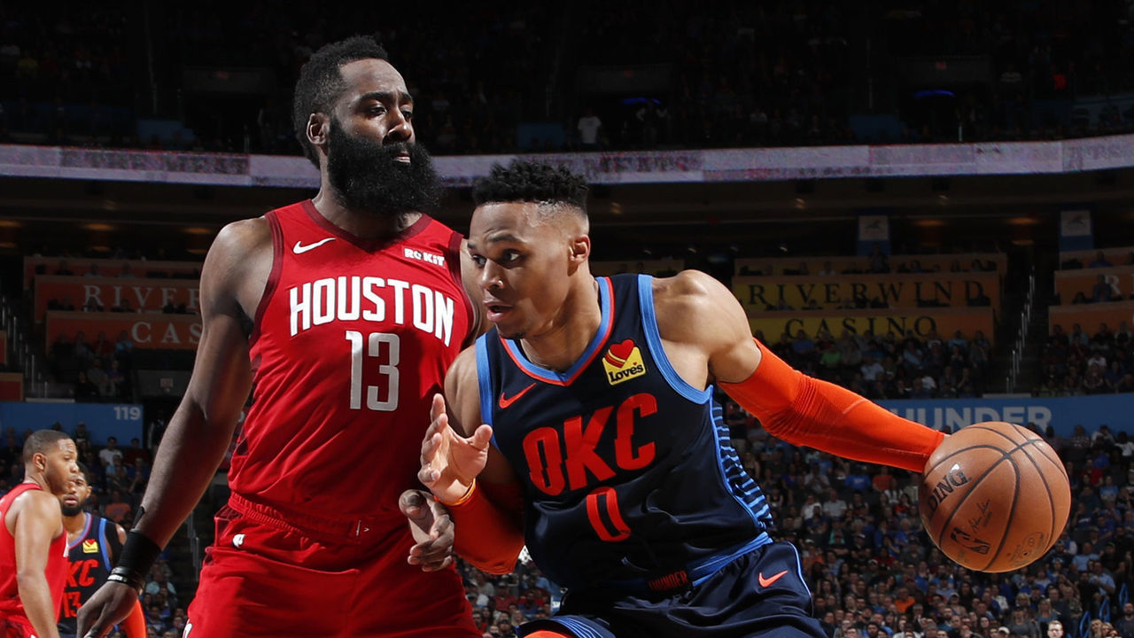 OKLAHOMA CITY, OK - APRIL 9: Russell Westbrook #0 of the Oklahoma City Thunder handles the ball against James Harden #13 of the Houston Rockets on April 9, 2019 at Chesapeake Energy Arena in Oklahoma City, OK. Mandatory Copyright Notice: Copyright 2019 NBAE