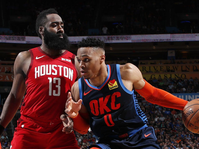 OKLAHOMA CITY, OK - APRIL 9: Russell Westbrook #0 of the Oklahoma City Thunder handles the ball against James Harden #13 of the Houston Rockets on April 9, 2019 at Chesapeake Energy Arena in Oklahoma City, OK. Mandatory Copyright Notice: Copyright 2019 NBAE