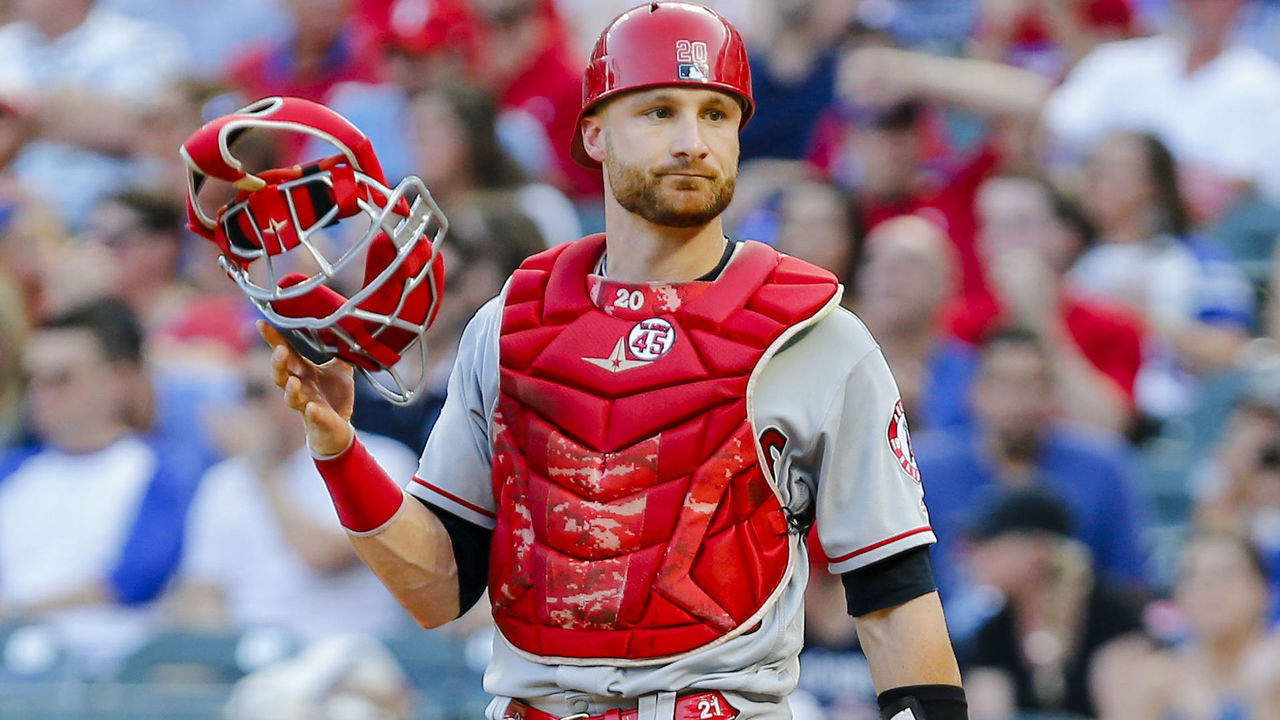 ARLINGTON, TX - JULY 04: Los Angeles Angels catcher Jonathan Lucroy (20) looks towards the dugout during the game between the Texas Rangers and the Los Angeles Angels at Globe Life Park in Arlington, Texas.