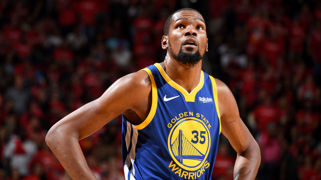 HOUSTON, TX - MAY 4: Kevin Durant #35 of the Golden State Warriors looks on against the Houston Rockets during Game Three of the Western Conference Semifinals of the 2019 NBA Playoffs on May 4, 2019 at the Toyota Center in Houston, Texas. NOTE TO USER: User expressly acknowledges and agrees that, by downloading and/or using this photograph, user is consenting to the terms and conditions of the Getty Images License Agreement. Mandatory Copyright Notice: Copyright 2019 NBAE