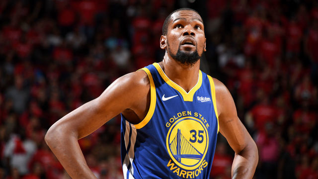 HOUSTON, TX - MAY 4: Kevin Durant #35 of the Golden State Warriors looks on against the Houston Rockets during Game Three of the Western Conference Semifinals of the 2019 NBA Playoffs on May 4, 2019 at the Toyota Center in Houston, Texas. NOTE TO USER: User expressly acknowledges and agrees that, by downloading and/or using this photograph, user is consenting to the terms and conditions of the Getty Images License Agreement. Mandatory Copyright Notice: Copyright 2019 NBAE
