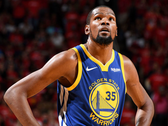 HOUSTON, TX - MAY 4: Kevin Durant #35 of the Golden State Warriors looks on against the Houston Rockets during Game Three of the Western Conference Semifinals of the 2019 NBA Playoffs on May 4, 2019 at the Toyota Center in Houston, Texas. NOTE TO USER: User expressly acknowledges and agrees that, by downloading and/or using this photograph, user is consenting to the terms and conditions of the Getty Images License Agreement. Mandatory Copyright Notice: Copyright 2019 NBAE
