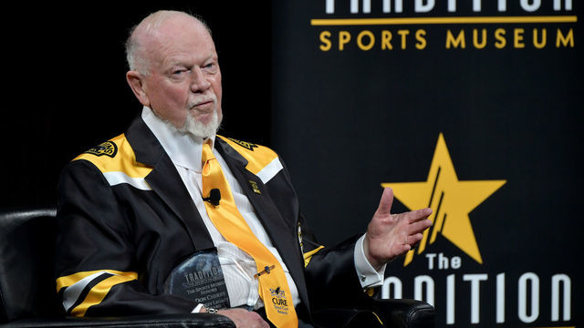 BOSTON, MA - NOVEMBER 28: Don Cherry receives the Hockey Legacy Award on stage at the Sports Museum 'The Tradition' annual gala at TD Garden on November 28, 2018 in Boston, Massachusetts. 2018 honorees included Richard Petty, Jim Lonborg, Don Cherry, Paul Pierce, Julie Foudy and Deion Branch.