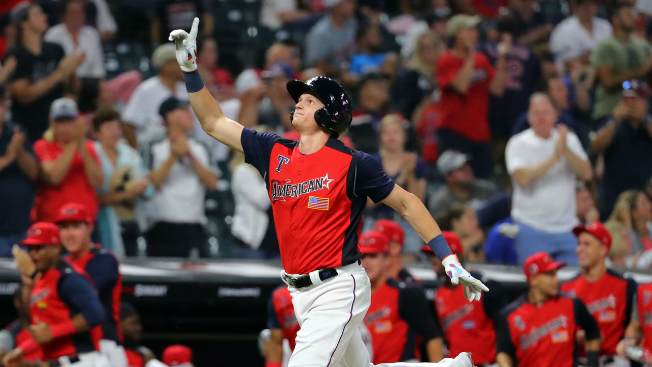 CLEVELAND, OH - JULY 07: Sam Huff #28 of the American League Futures Team points to the sky as he crossed home plate after hitting a two-run home run in the seventh inning during the SiriusXM All-Star Futures Game at Progressive Field on Sunday, July 7, 2019 in Cleveland, Ohio.