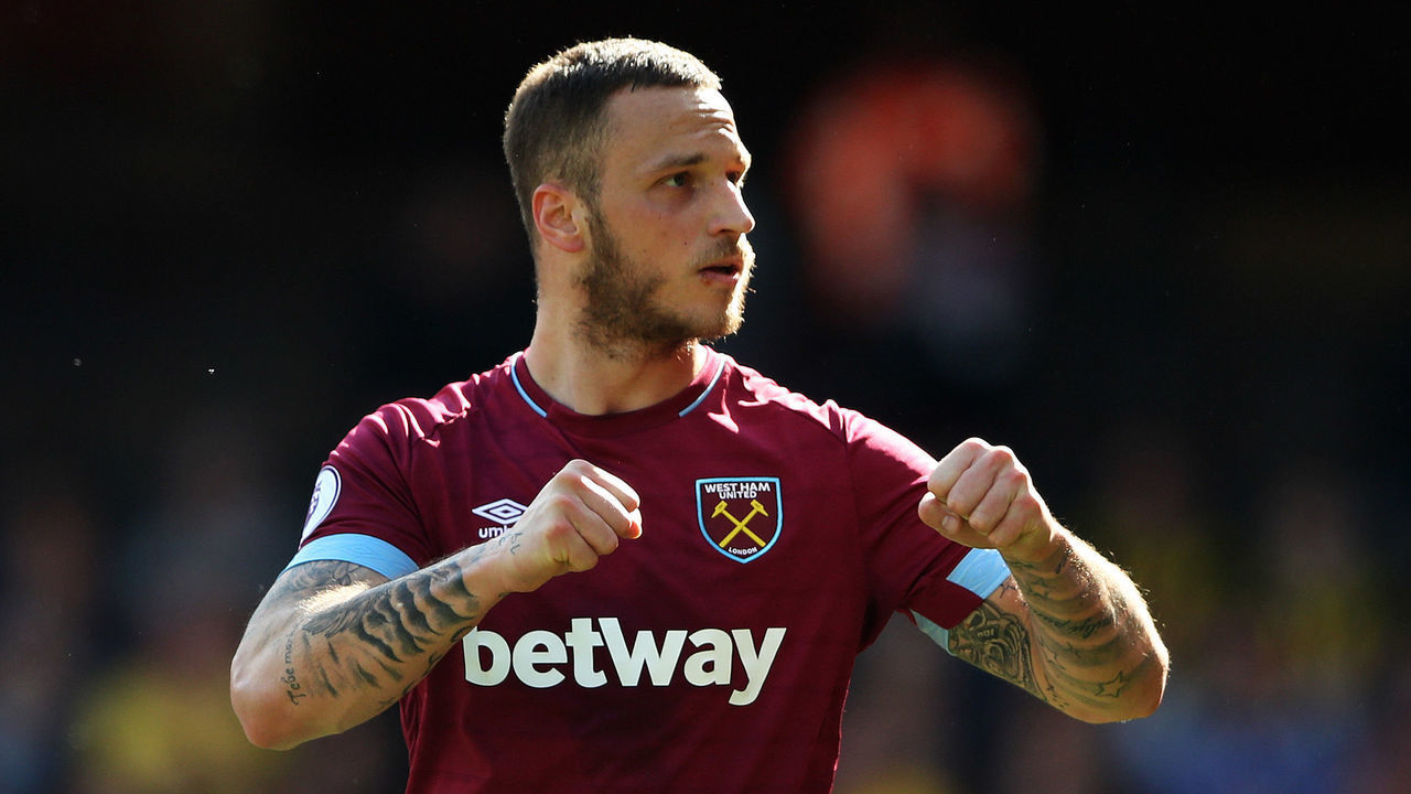 WATFORD, ENGLAND - MAY 12: Marko Arnautovic of West Ham United celebrates scoring his goal during the Premier League match between Watford FC and West Ham United at Vicarage Road on May 12, 2019 in Watford, United Kingdom.