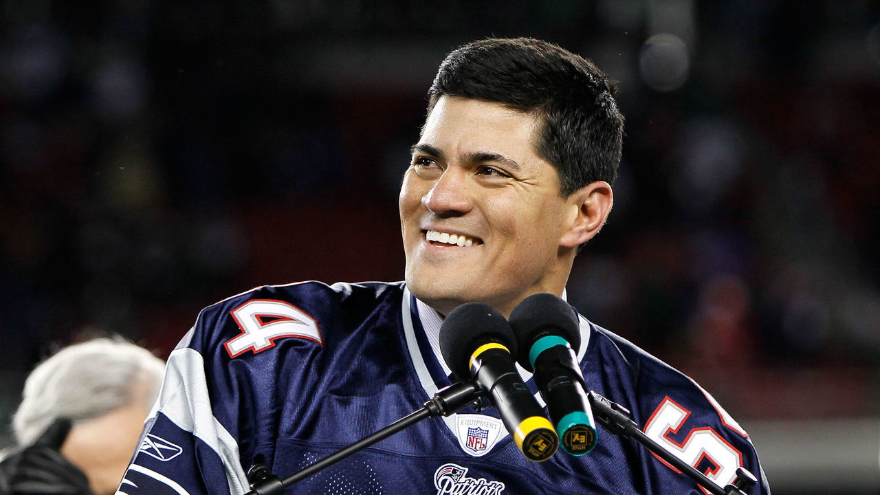 FOXBORO, MA - DECEMBER 06: Former New England Patriots Tedy Bruschi speaks at the pdium during a halftime ceremony honoring his playing career as the Patriots host the New York Jets at Gillette Stadium on December 6, 2010 in Foxboro, Massachusetts.