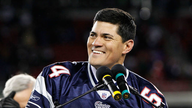 FOXBORO, MA - DECEMBER 06: Former New England Patriots Tedy Bruschi speaks at the pdium during a halftime ceremony honoring his playing career as the Patriots host the New York Jets at Gillette Stadium on December 6, 2010 in Foxboro, Massachusetts.