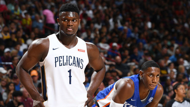 Las Vegas, NV - JULY 5: Zion Williamson #1 of the New Orleans Pelicans and RJ Barrett #9 of the New York Knicks are seen during Day 1 of the 2019 Las Vegas Summer League on July 5, 2019 at the Thomas & Mack Center in Las Vegas, Nevada. Mandatory Copyright Notice: Copyright 2019 NBAE