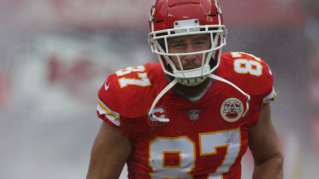 KANSAS CITY, MO - JANUARY 12: Kansas City Chiefs tight end Travis Kelce (87) before an AFC Divisional Round playoff game game between the Indianapolis Colts and Kansas City Chiefs on January 12, 2019 at Arrowhead Stadium in Kansas City, MO.