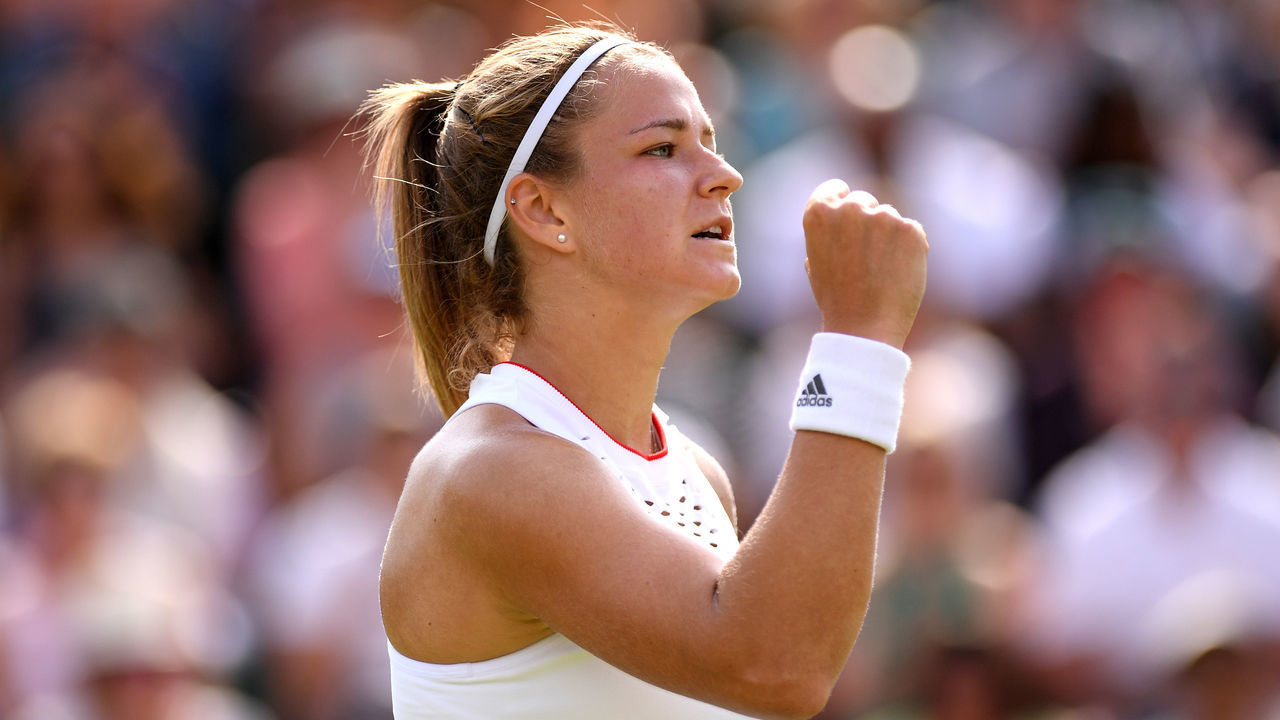 LONDON, ENGLAND - JULY 08: Karolina Muchova of The Czech Republic celebrates in her Ladies' Singles fourth round match against Karolina Pliskova of The Czech Republic during Day Seven of The Championships - Wimbledon 2019 at All England Lawn Tennis and Croquet Club on July 08, 2019 in London, England.