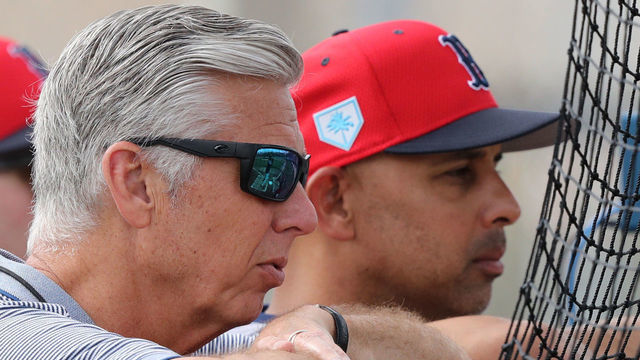 FORT MYERS, FL - FEBRUARY 20: Boston Red Sox president of baseball operations Dave Dombrowski, left, and manager Alex Cora watch batting practice during a spring training workout in Fort Myers, Florida on February 20, 2019. (Staff Photo By Christopher Evans/MediaNews Group/Boston Herald via Getty Images)