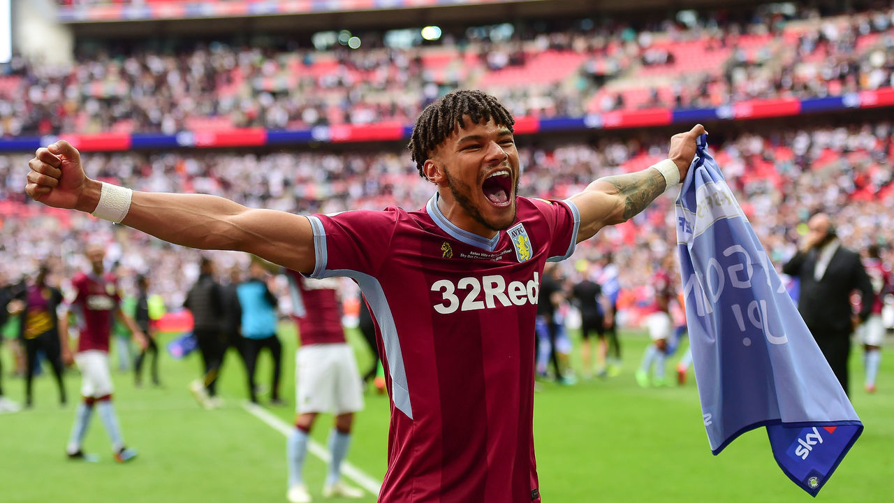 Tyrone Mings (40) of Aston Villa celebrates during the Sky Bet Championship match between Aston Villa and Derby County at Wembley Stadium, London on Monday 27th May 2019. (Credit: Jon Hobley | MI News)