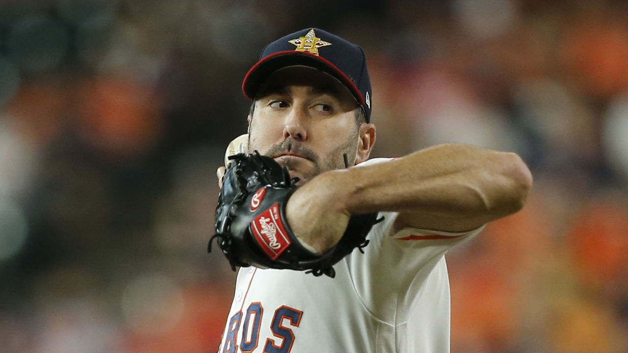 HOUSTON, TEXAS - JULY 05: Justin Verlander #35 of the Houston Astros pitches against the Los Angeles Angels of Anaheim at Minute Maid Park on July 05, 2019 in Houston, Texas.