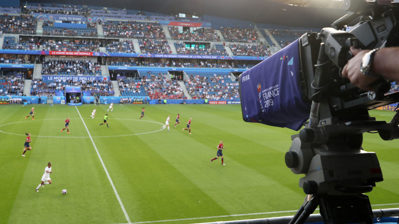 LE HAVRE, FRANCE - JUNE 27: Television cameras film during the 2019 FIFA Women's World Cup France Quarter Final match between Norway and England at Stade Oceane on June 27, 2019 in Le Havre, France.