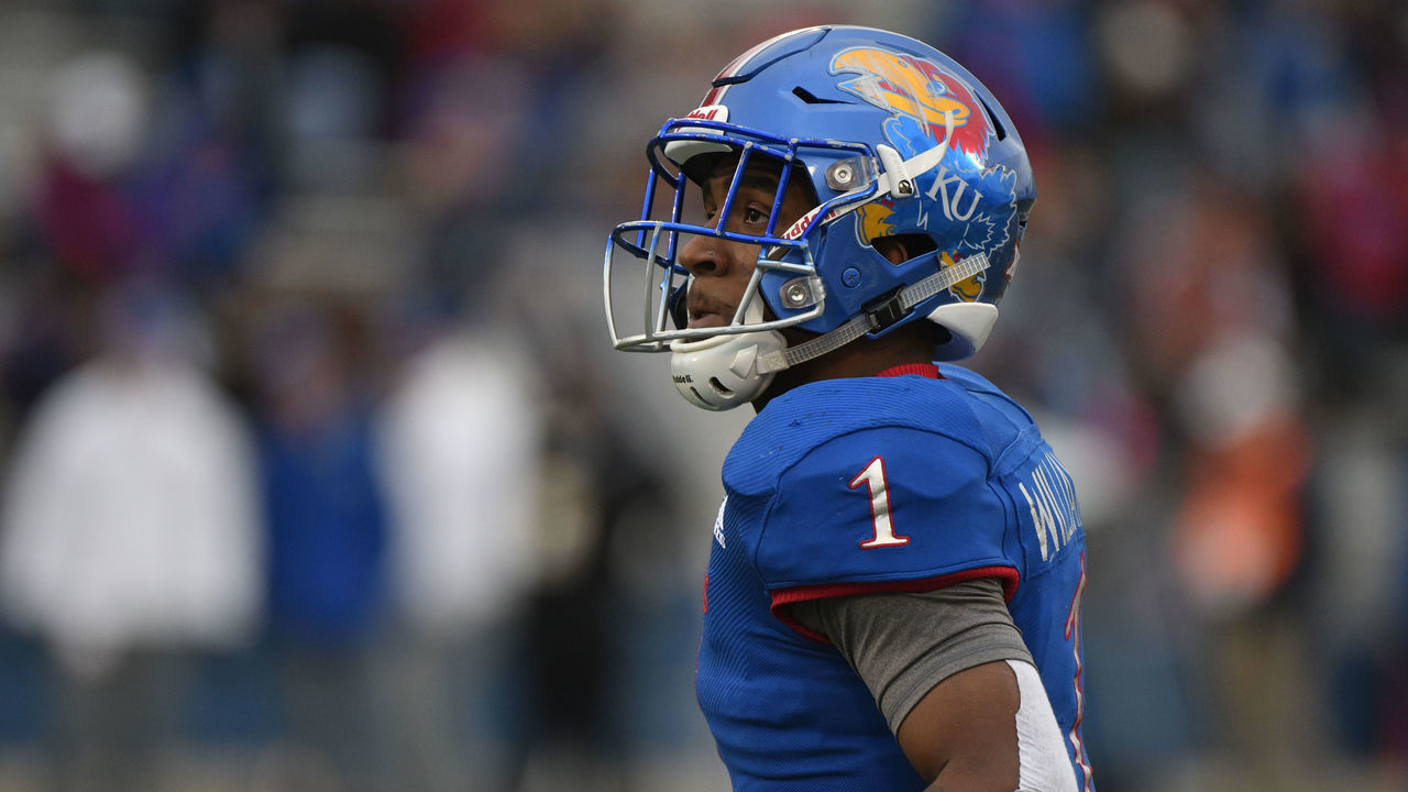 LAWRENCE, KS - NOVEMBER 23: Running back Pooka Williams Jr. #1 of the Kansas Jayhawks in action against the Texas Longhorns at Memorial Stadium on November 23, 2018 in Lawrence, Kansas.