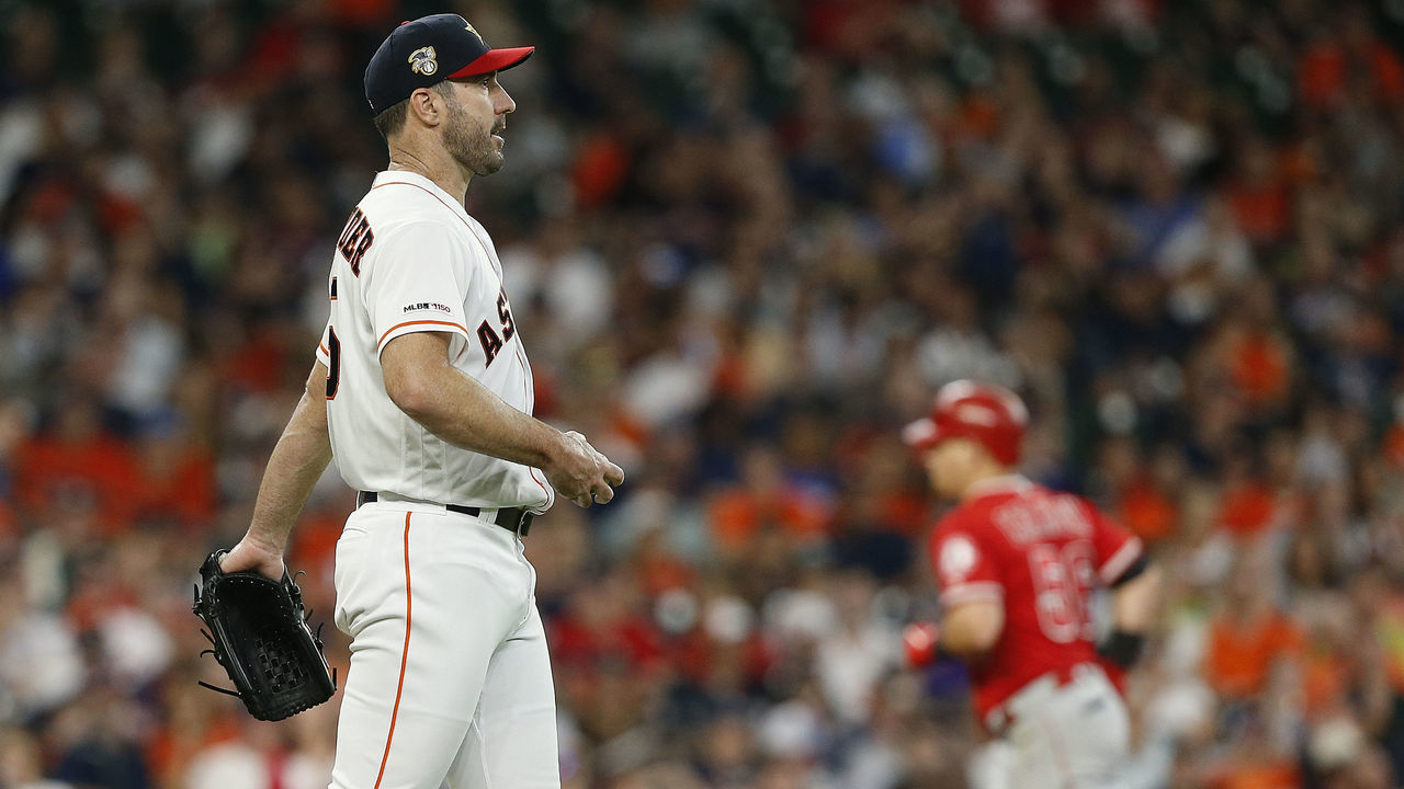HOUSTON, TEXAS - JULY 05: Justin Verlander #35 of the Houston Astros walks back to the mound after Kole Calhoun #56 of the Los Angeles Angels of Anaheim hit a home run in the third inning at Minute Maid Park on July 05, 2019 in Houston, Texas.