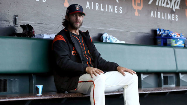 SAN FRANCISCO, CALIFORNIA - JULY 06: Starting pitcher Madison Bumgarner #40 of the San Francisco Giants sits in the dugout before their game against the St. Louis Cardinals at Oracle Park on July 06, 2019 in San Francisco, California.