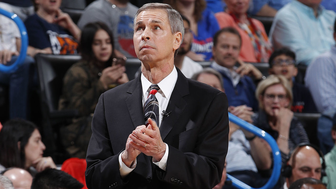 OKLAHOMA CITY, OK - APRIL 9: Assistant Coach Jeff Bzdelik of the of the Houston Rockets claps during the game against the Oklahoma City Thunder on April 9, 2019 at Chesapeake Energy Arena in Oklahoma City, OK. Mandatory Copyright Notice: Copyright 2019 NBAE