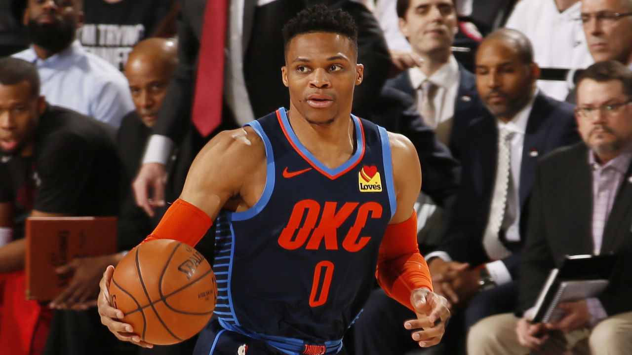 PORTLAND, OR - APRIL 23: Russell Westbrook #0 of the Oklahoma City Thunder handles the ball against the Portland Trail Blazers during Game Five Round One of the 2019 NBA Playoffs on April 23, 2019 at the Moda Center in Portland, Oregon. Mandatory Copyright Notice: Copyright 2019 NBAE
