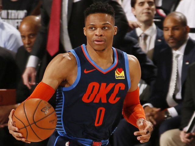 PORTLAND, OR - APRIL 23: Russell Westbrook #0 of the Oklahoma City Thunder handles the ball against the Portland Trail Blazers during Game Five Round One of the 2019 NBA Playoffs on April 23, 2019 at the Moda Center in Portland, Oregon. Mandatory Copyright Notice: Copyright 2019 NBAE