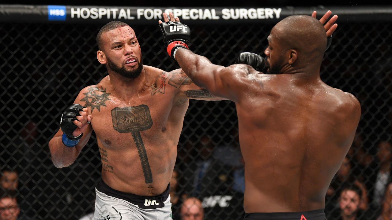 LAS VEGAS, NV - JULY 06: Thiago Silva of Brazil punches Jon Jones in their UFC light heavyweight championship fight during the UFC 239 event at T-Mobile Arena on July 6, 2019 in Las Vegas, Nevada.