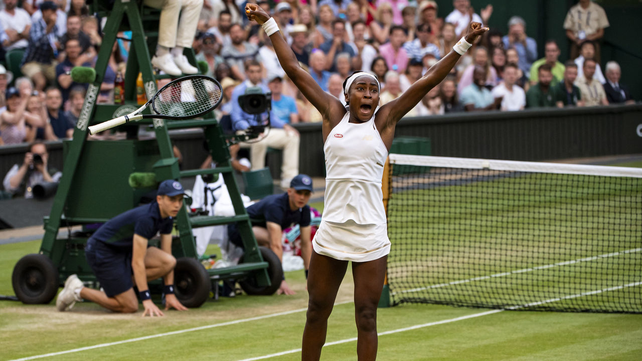LONDON, ENGLAND - JULY 05: Cori Gauff of the United States celebrates her victory over Polona Hercog of Slovinia during Day 5 of The Championships - Wimbledon 2019 at All England Lawn Tennis and Croquet Club on July 05, 2019 in London, England.