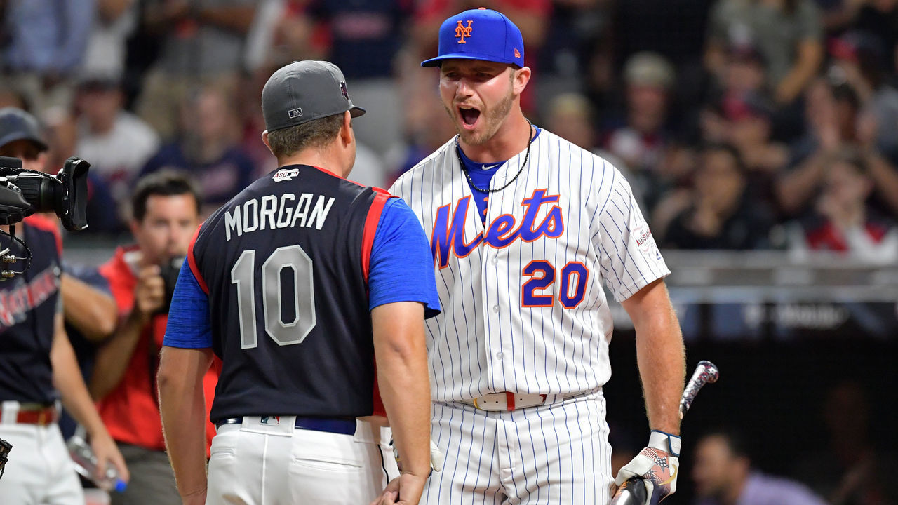 CLEVELAND, OHIO - JULY 08: Pete Alonso of the New York Mets reacts during the T-Mobile Home Run Derby at Progressive Field on July 08, 2019 in Cleveland, Ohio.