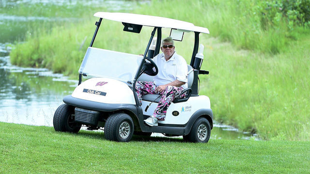MADISON, WISCONSIN - JUNE 21: Johns Daly pulls up to the 17th green during the first round on the American Family Insurance Championship at University Ridge Golf Course on June 21, 2019 in Madison, Wisconsin.