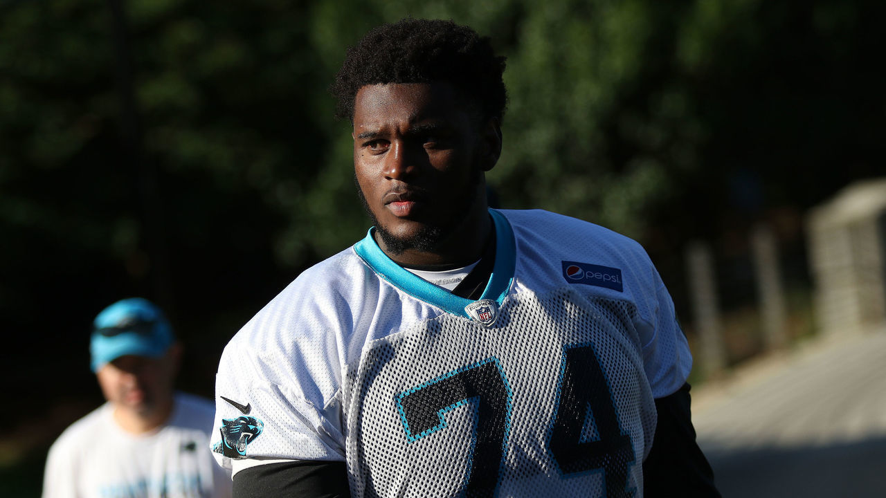 CHARLOTTE, NC - JUNE 04: Kendrick Norton (74) walks to the field during the Carolina Panthers OTA (Organized Training Activities) at the Carolina Panthers Training Facility on June 04, 2018 in Charlotte, NC.