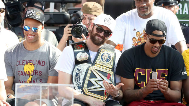 CLEVELAND, OH - JUNE 22: Richard Jefferson #24, Kevin Love #0, Channing Frye #9 and Tristan Thompson #13 of the Cleveland Cavaliers look on during the Cleveland Cavaliers 2016 NBA Championship victory parade and rally on June 22, 2016 in Cleveland, Ohio.